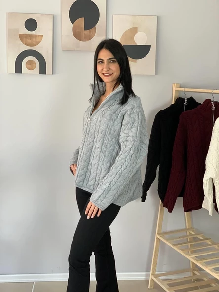 Oversize Geniş Kalıp Yarım Fermuarlı Dik Yaka Saç Örgülü Triko Kazak (Gri) - Resim 4