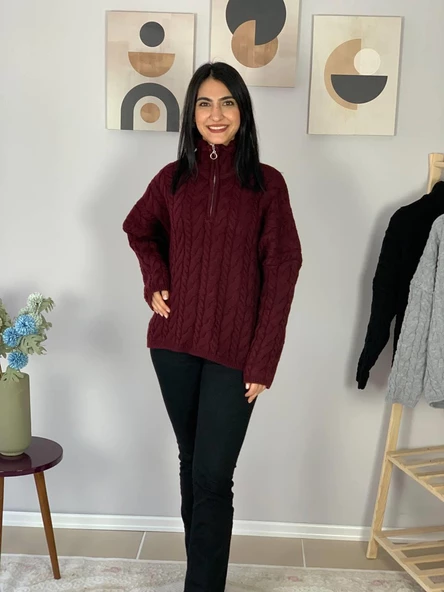Oversize Geniş Kalıp Yarım Fermuarlı Dik Yaka Saç Örgülü Triko Kazak (Bordo) - Resim 4