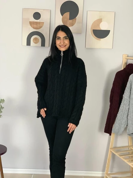 Oversize Geniş Kalıp Yarım Fermuarlı Dik Yaka Saç Örgülü Triko Kazak (Siyah) - Resim 4