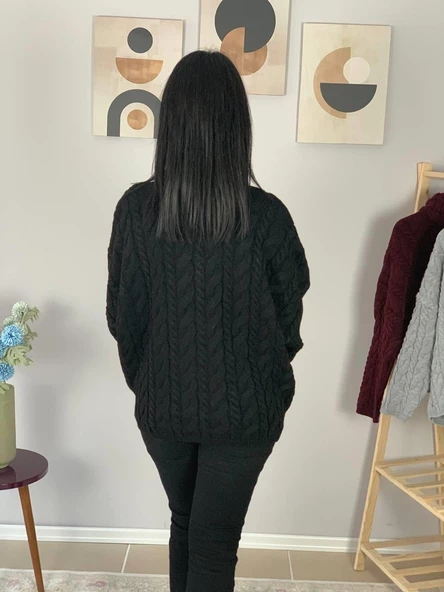 Oversize Geniş Kalıp Yarım Fermuarlı Dik Yaka Saç Örgülü Triko Kazak (Siyah) - Resim 6