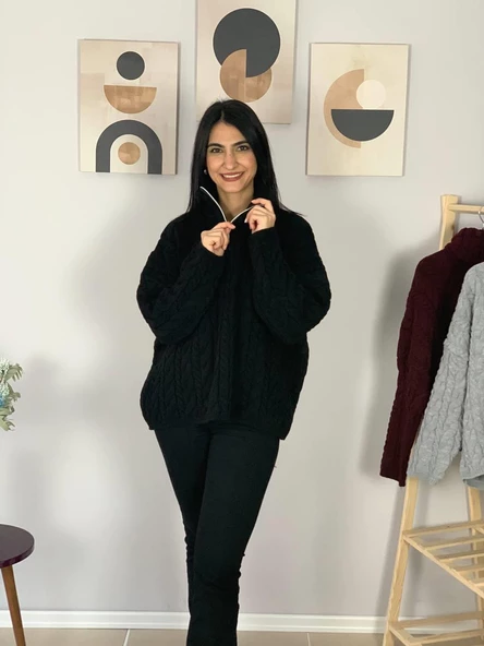 Oversize Geniş Kalıp Yarım Fermuarlı Dik Yaka Saç Örgülü Triko Kazak (Siyah) - Resim 3