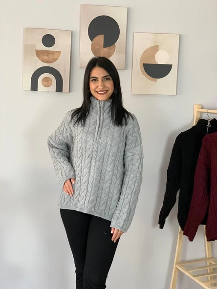 Oversize Geniş Kalıp Yarım Fermuarlı Dik Yaka Saç Örgülü Triko Kazak (Gri) - Resim 2