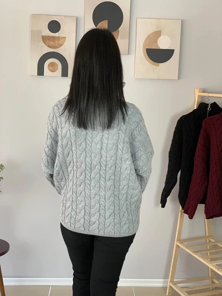 Oversize Geniş Kalıp Yarım Fermuarlı Dik Yaka Saç Örgülü Triko Kazak (Gri) - Resim 6