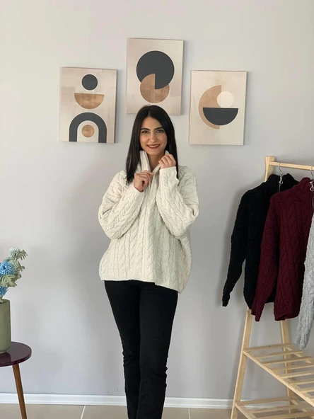 Oversize Geniş Kalıp Yarım Fermuarlı Dik Yaka Saç Örgülü Triko Kazak (Krem) - Resim 6