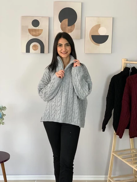 Oversize Geniş Kalıp Yarım Fermuarlı Dik Yaka Saç Örgülü Triko Kazak (Gri) - Resim 5