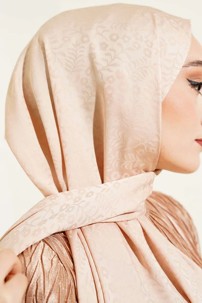 Mini Çiçekli Jakar Şal Latte -10 - Resim 4