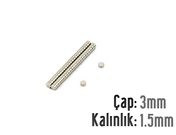 Neodyum Mıknatıs Silindir Çap 3mm , Kalınlık 1.5mm   ( 30 Adet) - 1