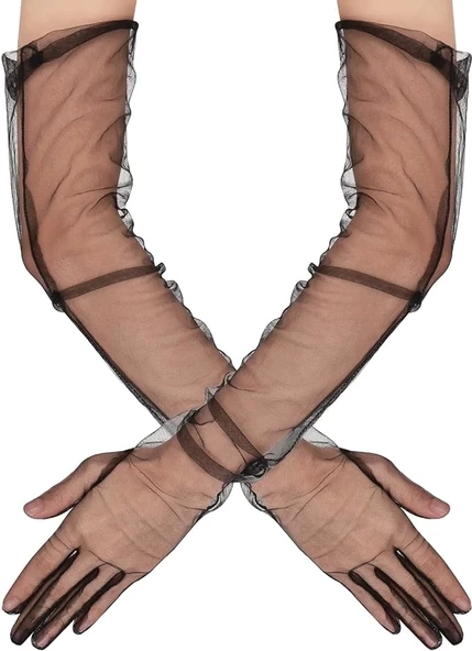 Uzun Boy Likralı Siyah Renk Yetişkin Mega Tül Eldiven 53 Cm ürün görseli