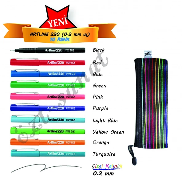 Artline 220 Super Fine 0.2mm Keçe Uçlu Kalem 10 Renk Set + File Dosya Kalem Kutu