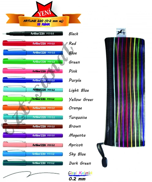 Artline 220 Super Fine 0.2mm Keçe Uçlu Kalem 15 Renk Set + File Dosya Kalem Kutu - 1