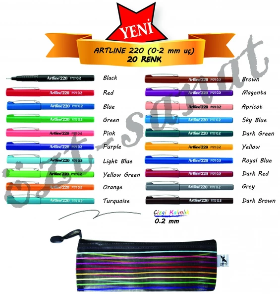 Artline 220 Super Fine 0.2mm Keçe Uçlu Kalem 20 Renk Tam Set + File Dosya Kalem Kutu