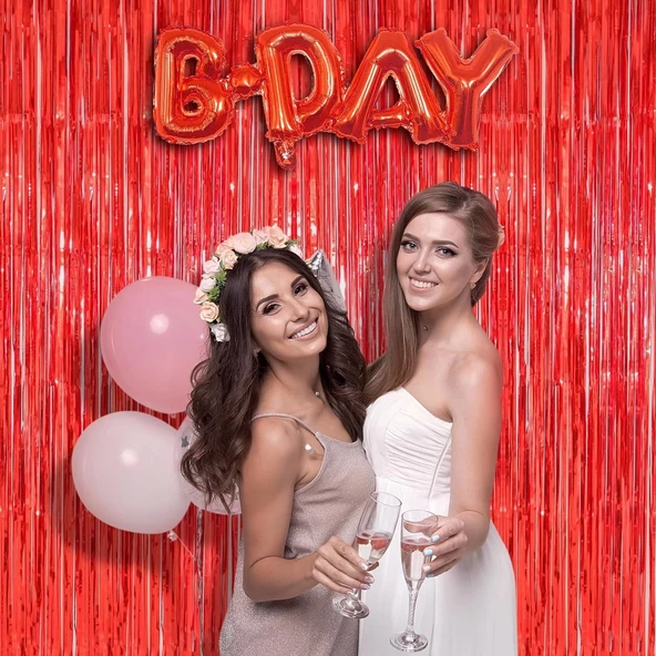 Kırmızı Renk Ekstra Metalize Parlak Saçaklı Arka Fon Perde İthal A Kalite 1x2 Metre - Resim 2