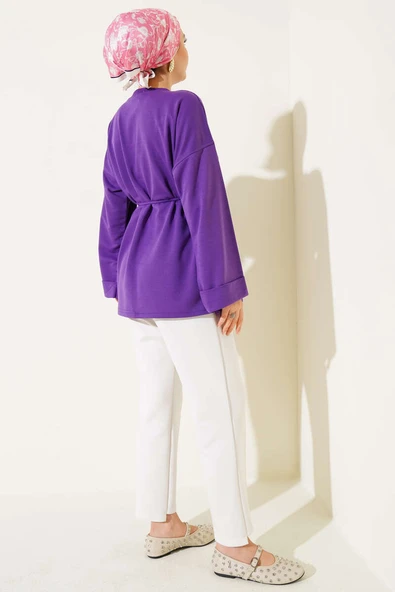 Duble Kol İp Bağcıklı Tunik Lila - Resim 3