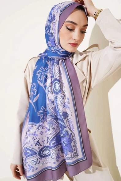 Etnik Desen Medine İpeği Şal Pudra Lila - Resim 2