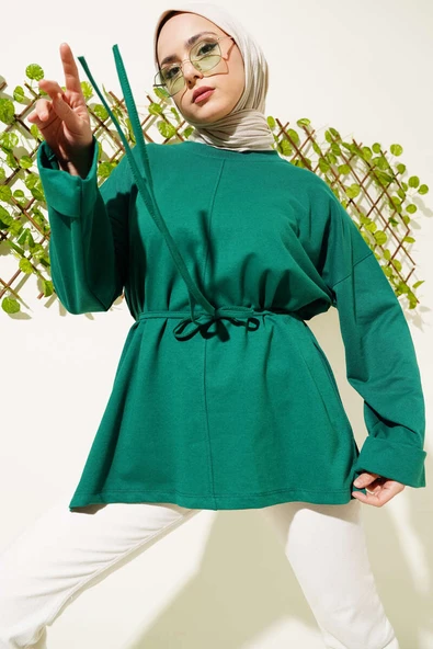 Duble Kol İp Bağcıklı Tunik Zümrüt - Resim 5