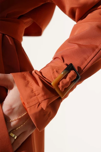 Apoletli Kruvaze Yaka Trençkot Kiremit - Resim 4