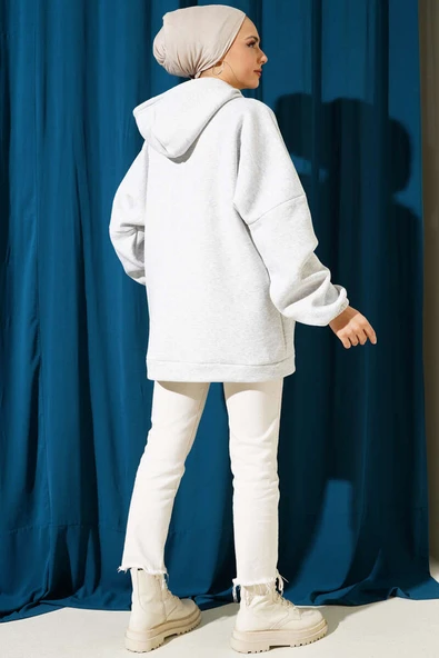 Üç İplik Kapüşonlu Oversize Tunik Melanj Gri - 3