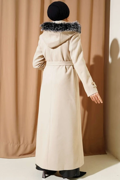 Kapüşonu Kürklü Fermuarlı Uzun Kaşe Kaban Taş - Resim 3