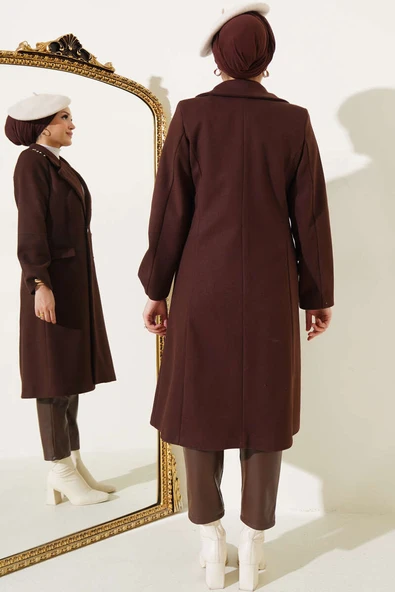 Omuz Taşlı Kaşe Kaban Acı Kahve - Resim 3