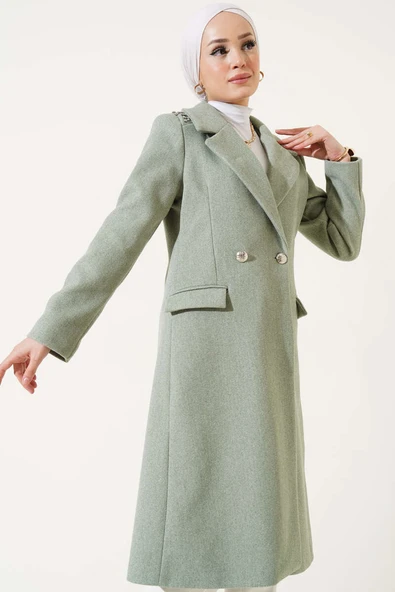 Omuz Taşlı Kaşe Kaban Mint Yeşili ürün görseli 1