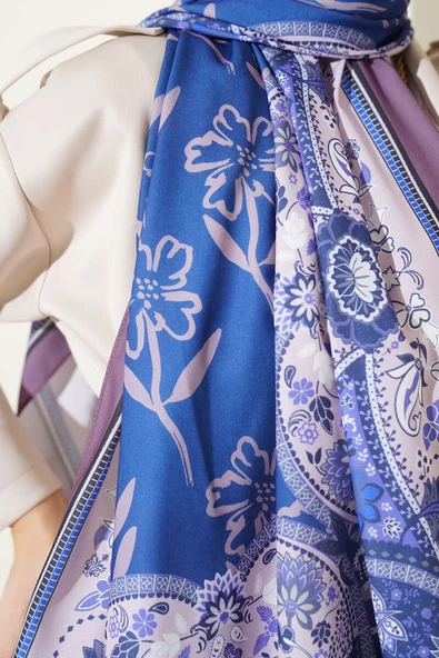 Etnik Desen Medine İpeği Şal Pudra Lila - Resim 4