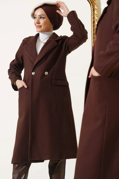 Omuz Taşlı Kaşe Kaban Acı Kahve - Resim 2