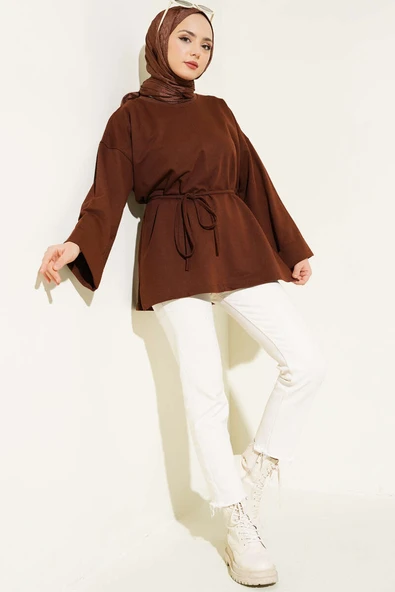 Duble Kol İp Bağcıklı Tunik Kahve - Resim 2
