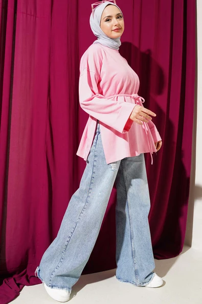 Duble Kol İp Bağcıklı Tunik Pembe - Resim 2