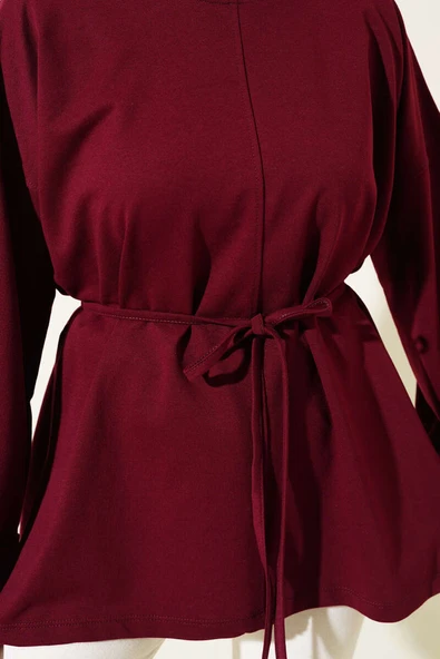 Duble Kol İp Bağcıklı Tunik Bordo - Resim 4