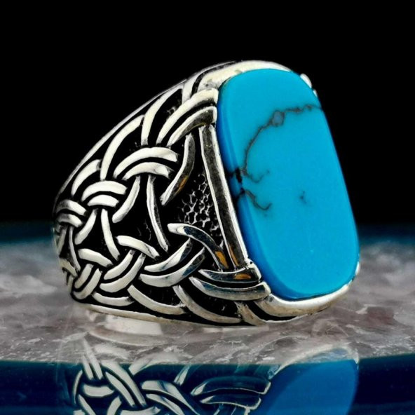 Şık Tasarımlı Örgü Desenli Firüze Taşlı Gümüş Yüzük ürün görseli