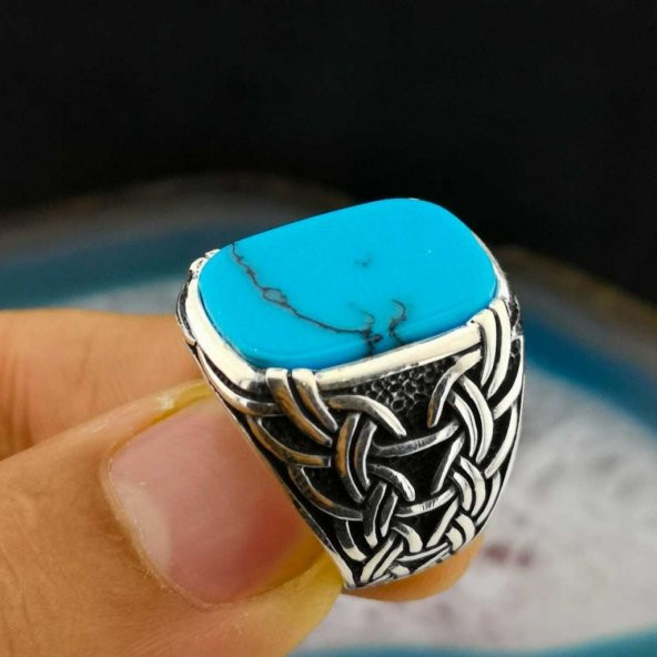 Şık Tasarımlı Örgü Desenli Firüze Taşlı Gümüş Yüzük - Resim 2