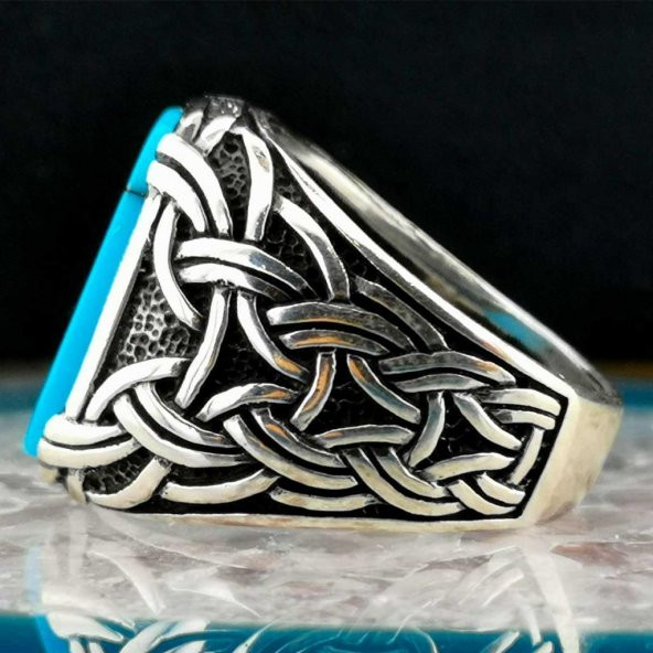 Şık Tasarımlı Örgü Desenli Firüze Taşlı Gümüş Yüzük - Resim 4