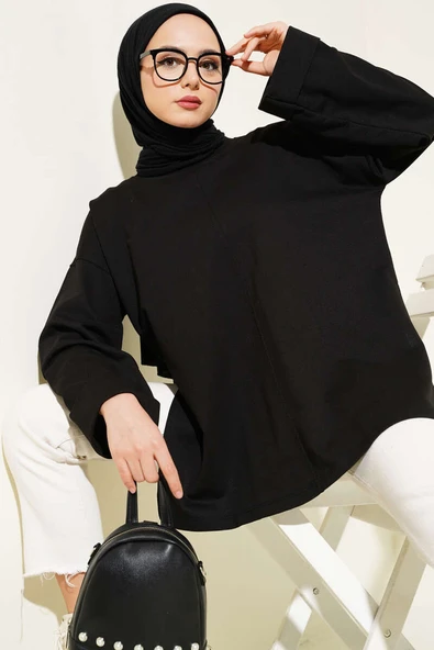 Duble Kol İp Bağcıklı Tunik Siyah ürün görseli