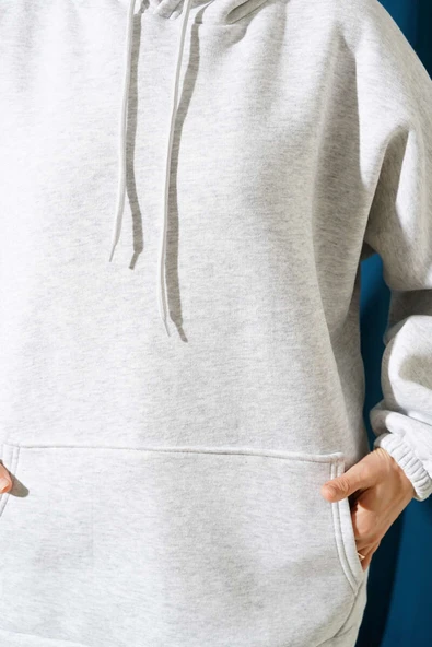 Üç İplik Kapüşonlu Oversize Tunik Melanj Gri - 4