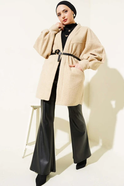 Yarasa Kol Kemerli Buklet Ceket Latte - Resim 2