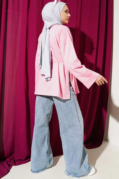 Duble Kol İp Bağcıklı Tunik Pembe - Resim 3