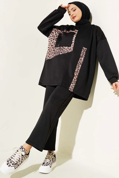Leopar Garnili Pullu İkili Takım Siyah ürün görseli 1