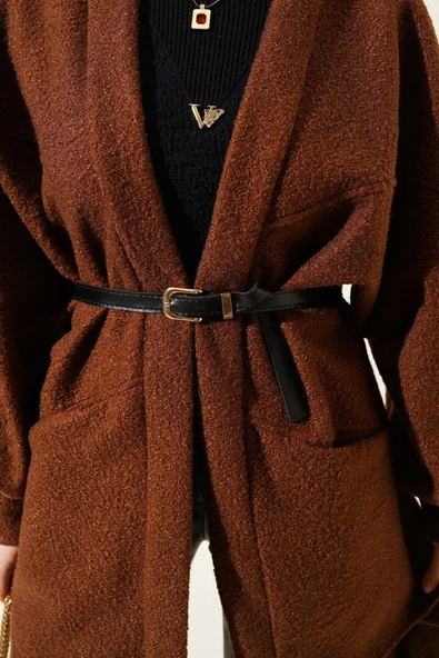 Yarasa Kol Kemerli Buklet Ceket Kahve - Resim 4