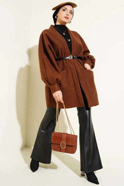 Yarasa Kol Kemerli Buklet Ceket Kahve - Resim 2