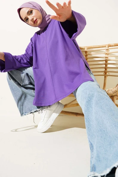 Duble Kol İp Bağcıklı Tunik Lila - Resim 5