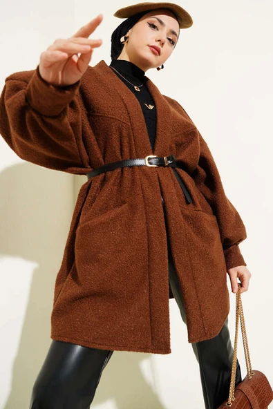 Yarasa Kol Kemerli Buklet Ceket Kahve ürün görseli 1