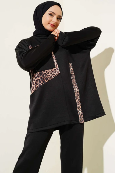 Leopar Garnili Pullu İkili Takım Siyah - Resim 2