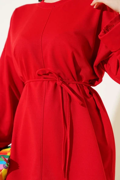 Duble Kol İp Bağcıklı Tunik Kırmızı - Resim 8