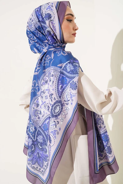 Etnik Desen Medine İpeği Şal Pudra Lila - Resim 3