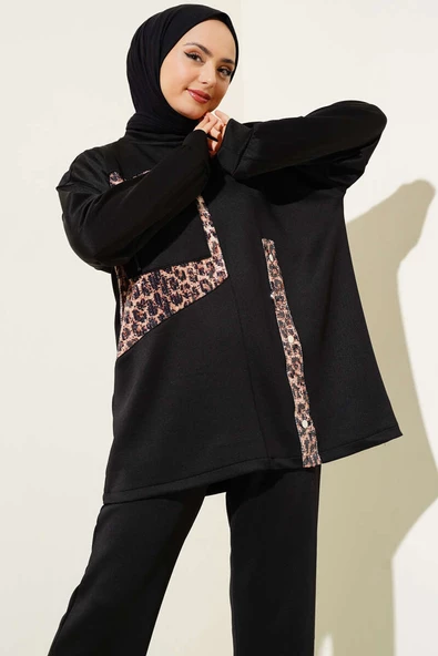 Leopar Garnili Pullu İkili Takım Siyah - 2