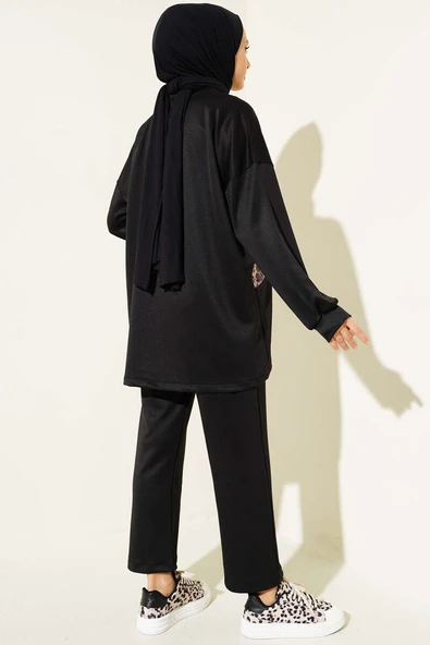 Leopar Garnili Pullu İkili Takım Siyah - Resim 3