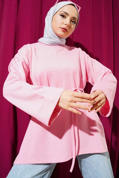 Duble Kol İp Bağcıklı Tunik Pembe ürün görseli 1
