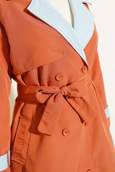 Kot Garnili Apoletli Trençkot Kiremit - Resim 4