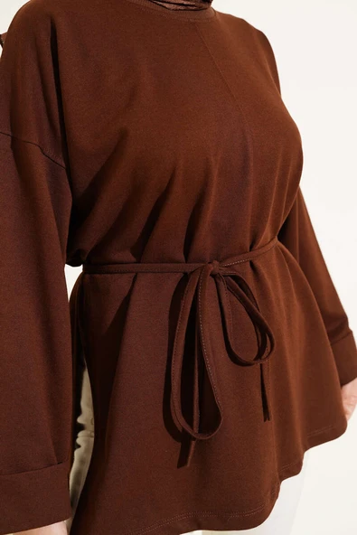 Duble Kol İp Bağcıklı Tunik Kahve - Resim 4