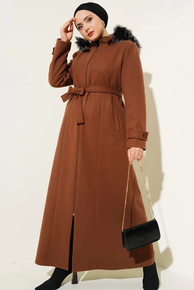 Kapüşonu Kürklü Fermuarlı Uzun Kaşe Kaban Kahve - Resim 2